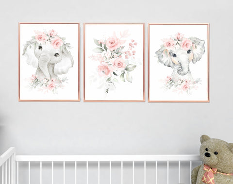 Elephant Nursery Wall Art - Pink & Grey Nursery Decor - Baby Room Decorations