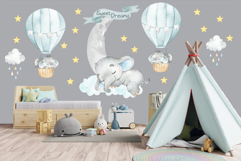 Elephant Wall Decal Nursery - Hot Air Balloon Nursery Watercolor Animal Wall Nursery Art - Baby Room Decor - Elephant Nursery Wall Sticker