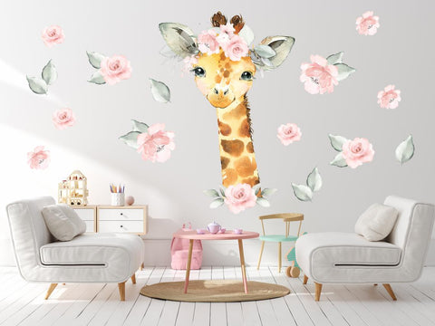 Baby Girl's Room Safari Theme - Large Giraffe Head - Pink Flowers - Cute Giraffe Design - Peel & Stick Wall Stickers
