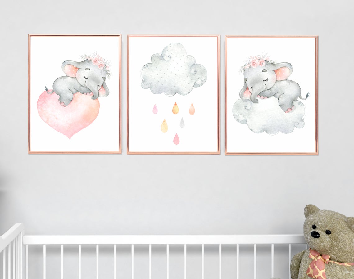 Sleeping Elephant Nursery Wall Art Pink and Grey – NurseryDecals4You
