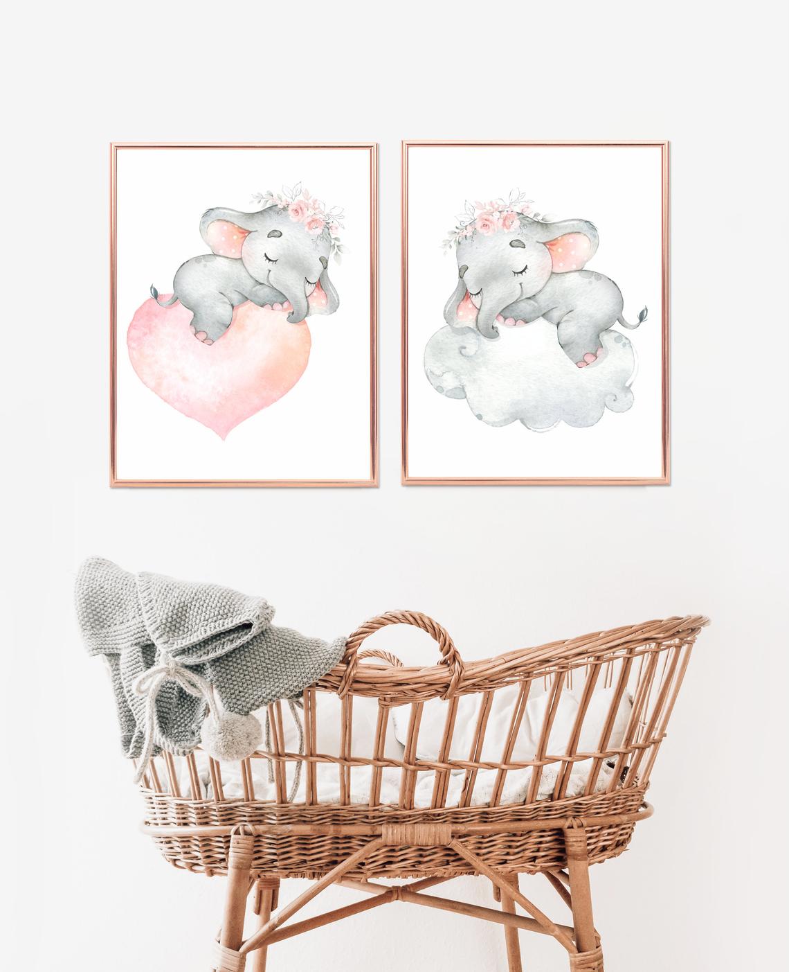 Sleeping Elephant Nursery Wall Art Pink Grey Nursery Decor