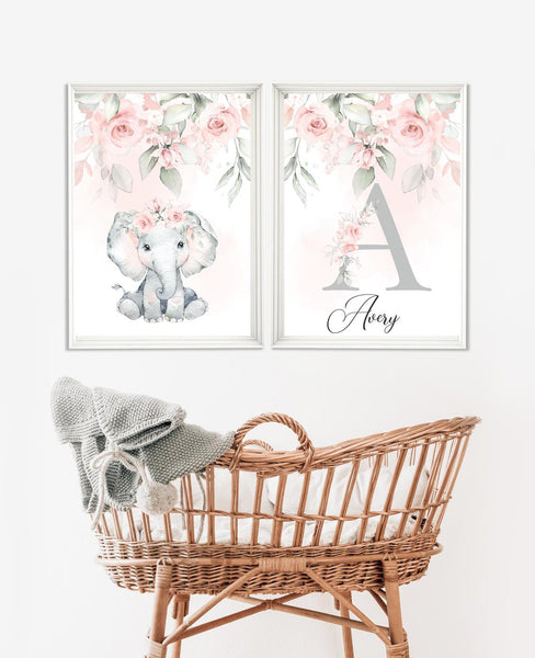 girls elephant monogrammed wall print