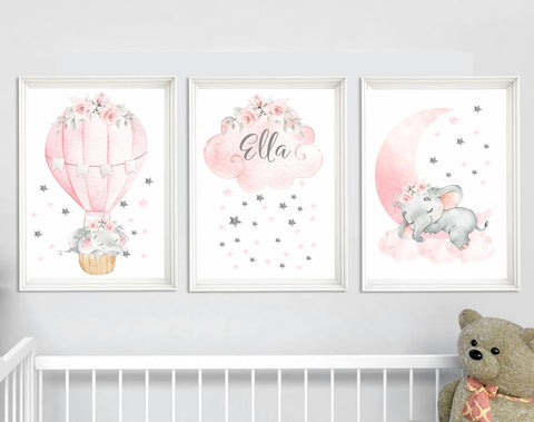 Nursery Hot Air Balloon Wall Art Elephant - Nursery Wall Decor - Monogrammed