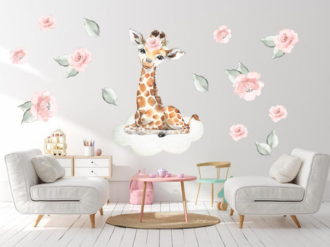 Large Giraffe Decal - Baby Girl's Room Nursery Decor - Clouds and Flowers - Pink & Green Colors - Safari Animal Design
