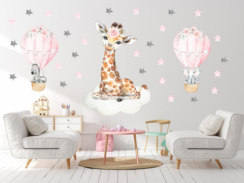 Baby Giraffe Nursery Decals - Hot Air Balloons - Cute Elephant and Zebra - Pink Colors - Baby Girl's Nursery Room Decorations