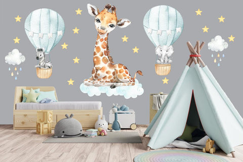 Baby Boy's Room Wall Stickers - Cute Safari Animals - Giraffe - Zebra- Elephant - Blue Colors - Cloud and Rain