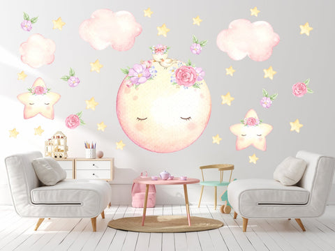 Nursery Moon and Stars Decal with Flowers - Nursery Moon Wall Decor - Girl Nursery Fabric Wall Decal - Moon Decal - Baby Room Decor