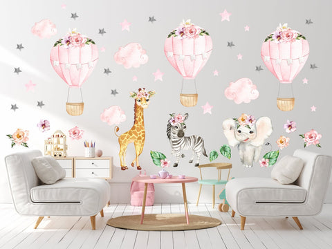 Baby Girl's Wall Decals - Animal Wall Stickers - Cute Animal Decals - Safari and Jungle Animals - Pink Colors - Baby Girls Themed Decor