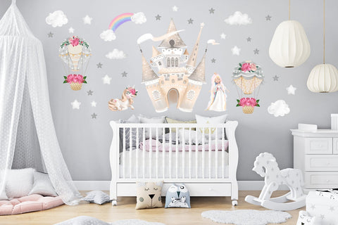 Castle Wall Decal - Baby Princess Stickers - Castle and Princess Decals - Hot Air Balloon Decal - Unicorn Decal - Princess Wall Decal Girl's
