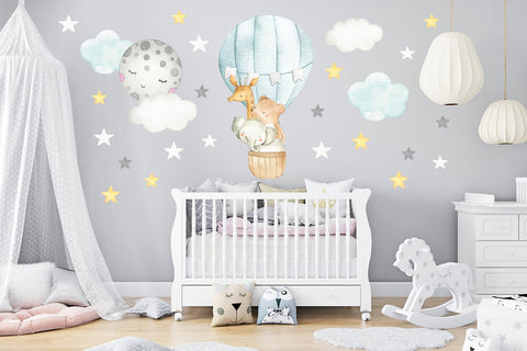 Cute Hot Air Balloon Wall Decals - Baby Room Decals - Kids Room Decor - Flying Animal Decals - Clouds - Stars - Moon - Easy To Apply To Wall