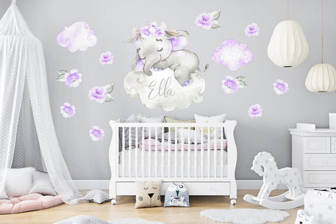Sleeping Elephant Decal - Napping Elephant Sticker - Purple and Grey Colors - Elephant on a Cloud Decal - Flower Decals - Nursery Stickers