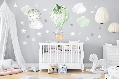 Copy of Cute Hot Air Balloon Wall Decals - Baby Room Decals - Kids Room Decor - Flying Animal Decals - Clouds - Stars - Moon - Easy To Apply To Wall