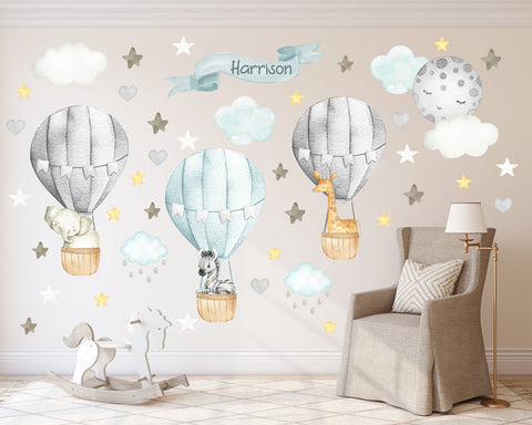 Baby Boy's Nursery Wall Decals - Hot Air Balloon Nursery Decals - Hot Air Ballon Baby Design - Monogrammed Decal for Kids - Zebra Giraffe