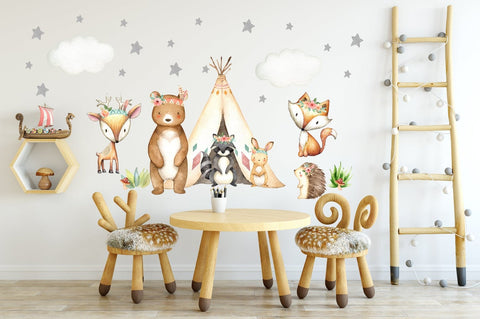 Woodland Nursery Decals - Teepee Sticker - Cute Animal Wall Decals - Fox - Beer - Raccoon - Stars - Clouds - Peel and Stick Decals - Girl's