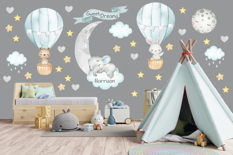 Monogrammed Name Wall Decals - Blue and Grey Colors - Boy's Themed Baby Room - Hot Air Balloons - Sleeping Elephant - Moon - Clouds - Stars