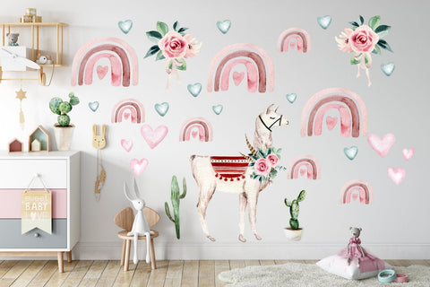 Fun Llama Design Room - Llama Nursery Decal - Girl's Llama Themed Nursery Design - Cute Baby Llama - Pink Colors - Cactus - Rainbow