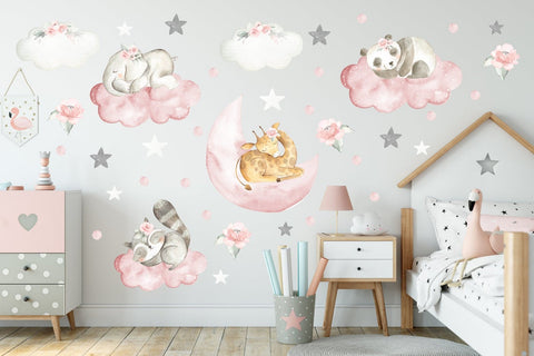Cute Sleeping Animal Decals - Baby Room Decor - Napping Animals - Jungle and Safari Themed - Panda - Racoon - Elephant - Giraffe - Clouds