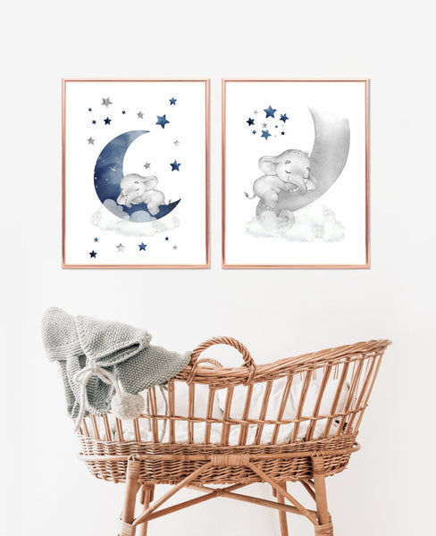 baby elephant moon blue grey wall print